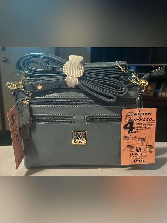 Stone & Co. Handbags - Stone & Co Denim Color Bonded Leather Multi-Zip Crossbody Bag with Gold Hardware